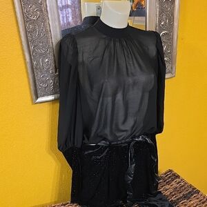 Traffic People Black Sheer Blouse and Velvet Pantsuit